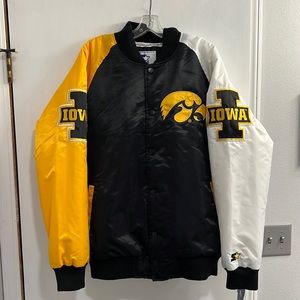 Men’s Iowa Hawkeyes Varsity Starter Jacket(Black, White,  Gold|size Men’s large)